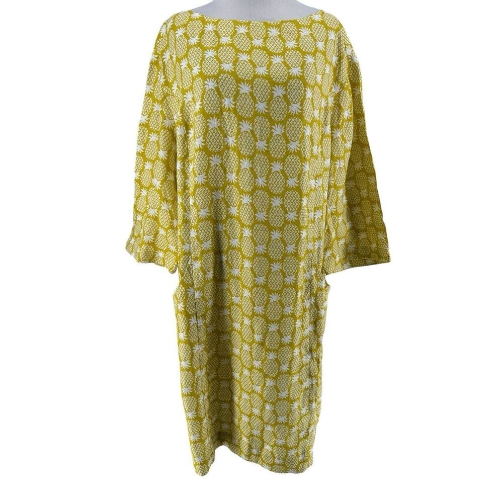 Boden Women's Chartreuse Pineapple Laurie Linen 3/4 Sleeve Shift Dress 14L